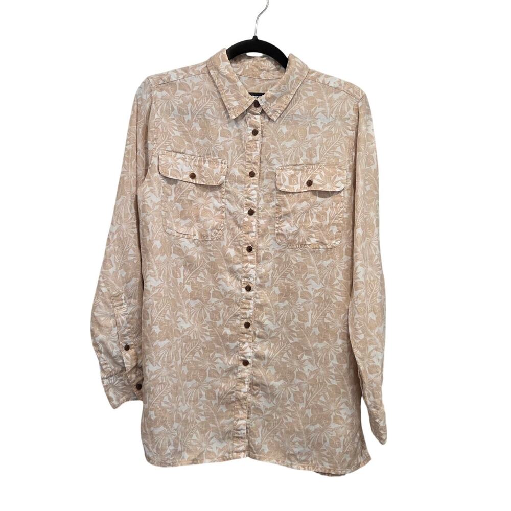 Lands' End Tan Linen Floral Button Up Long Sleeve Blouse Womens Size M